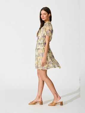 Wrap Style Floral Tiered Yellow & Lavender Ditsy Flower Print Sunmer Mini Dress